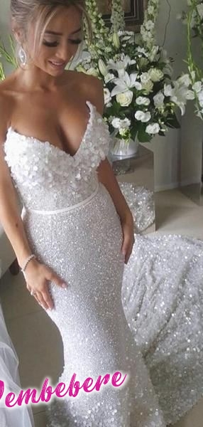 White Sequin Applique Strapless Mermaid Train Wedding Dresses The wedding dresses are fully lined, 4 bones in the bodice, chest pad in the bust, lace up back or zipper back are all available, 